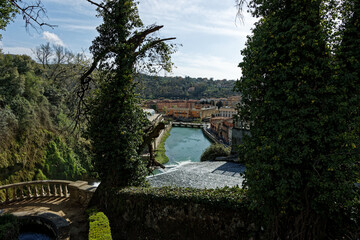 Scenic waterfall in the Isola del Liri, a town in the Province of Frosinone, Lazio, central Italy in Europe. Country tourist destination for the history and the natural waterfall in spring  