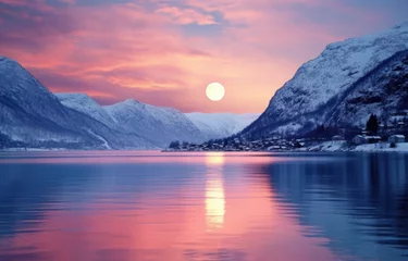 Keuken foto achterwand Nachtblauw moon over winter landscape with sea and mountain 