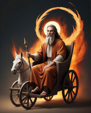 Prophet Elijah in a Chariot of Fire - Realistic flat illustration of a biblical figure in high resolution with geometric shapes composition Gen AI