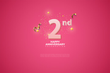 Second, 2nd Anniversary celebration, 2 Anniversary celebration in Pink BG, stars, glitters and ribbons, festive illustration, white number 2 sparkling confetti, 2,3 