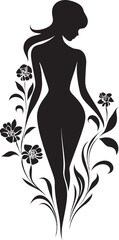 Elegant Botanical Ensemble Vector Woman Icon Graceful Full Body Florals Black Emblem Design
