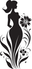 Elegant Botanical Ensemble Vector Woman in Full Floral Bloom Graceful Full Body Florals Black Emblem Design with Woman