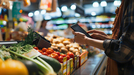 Person using a smartphone to pay for groceries at a  supermarket.