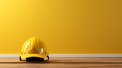 Yellow safety helmet on wooden table background, PPT background