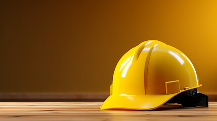 Yellow safety helmet on wooden table background, PPT background