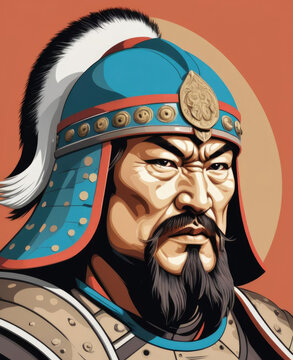 Flat Pop Art Portrait of Genghis Khan in Battle Armor Gen AI