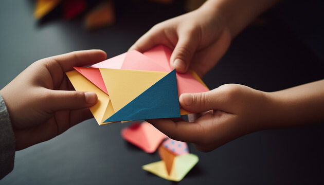 Child playing with a colorful paper puzzle, sparking creativity and imagination generated by AI