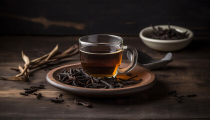 Wooden table with a dark background, a mug of hot coffee generated by AI