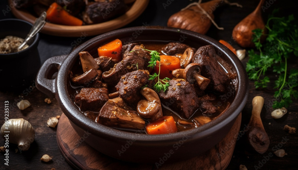 Wall mural A rustic homemade beef stew with mushrooms, vegetables, and gravy generated by AI