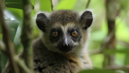 Cute lemur in nature, a close up of its adorable eyes generated by AI