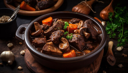 A rustic homemade beef stew with mushrooms, vegetables, and gravy generated by AI - obrazy, fototapety, plakaty