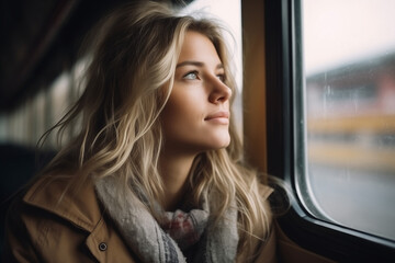 A young woman looks out the window while traveling by train