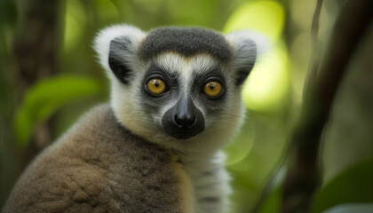 Fototapeta premium Cute lemur staring, its curious eyes focused on the camera generated by AI