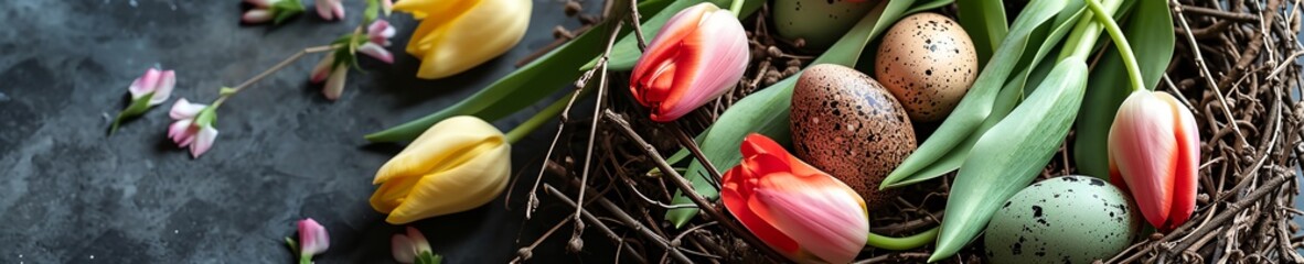 a nest with eggs and tulips on a table
