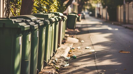 a row of trash cans on the side of a street - obrazy, fototapety, plakaty