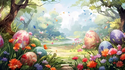 Fotobehang Vector Watercolor Scene of a Easter Egg Hunt in a Lush Garden, with Hidden Eggs Amongst Colorful Flowers and Foliage, Easter, Background © Kseniya