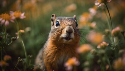 Fototapeta premium Cute rodent sitting on grass, looking at camera in forest generated by AI