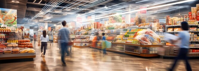 supermarket aisle and shelves blurred background - obrazy, fototapety, plakaty