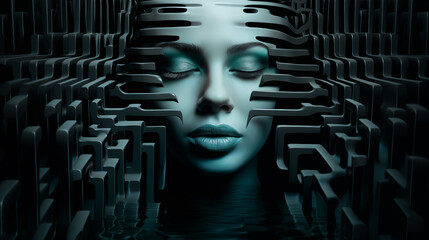 Frauengesicht mit geschlossenen Augen in kühlen Farben hinter abstrakter 3D-Formation. Konzept: Im Gedanken-Gefängnis gefangen fühlen. Surreale Illustration 