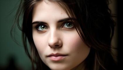 One young adult woman, with brown hair, looking at camera generated by AI