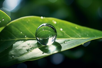 A close-up of a crystal clear water droplet on a leaf, symbolizing purity and the preciousness of life, with a focus on clarity and detail.