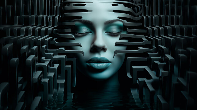 Frauengesicht mit geschlossenen Augen in k&uuml;hlen Farben hinter abstrakter 3D-Formation. Konzept: Im Gedanken-Gef&auml;ngnis gefangen f&uuml;hlen. Surreale Illustration 