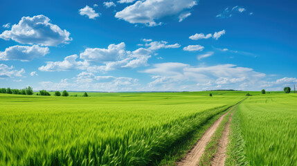 Obraz premium Serene rural landscape with a vibrant green wheat field under a clear blue sky with fluffy white clouds
