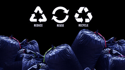 Reduce, reuse, recycle symbol on black garbage bags of rubbish on industry background, ecological...