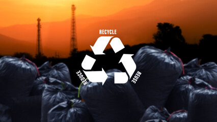 Reduce, reuse, recycle symbol on black garbage bags of rubbish on industry background, ecological metaphor for ecological waste management and sustainable and economical lifestyle. - obrazy, fototapety, plakaty