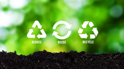 Reduce, reuse, recycle symbol on green bokeh background. Ecological and save the earth concept, An ecological metaphor for ecological waste management and sustainable. - obrazy, fototapety, plakaty