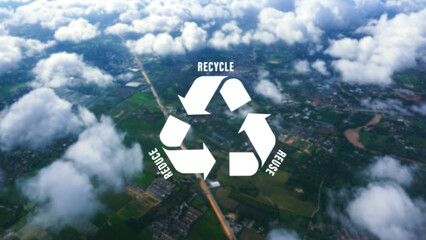 Reduce, reuse, recycle symbol on nature city background, top view, Ecological concept. Ecology....