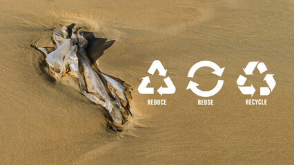 Reduce, reuse, recycle symbol on Plastic bag are left on the beach as waste polluting nature,...