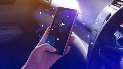 Uses touching flight booking networking on smartphone, Hand pressing light blue world map with...