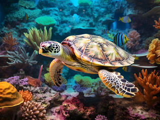 Obraz na płótnie Canvas A turtle swims over colorful corals in the ocean