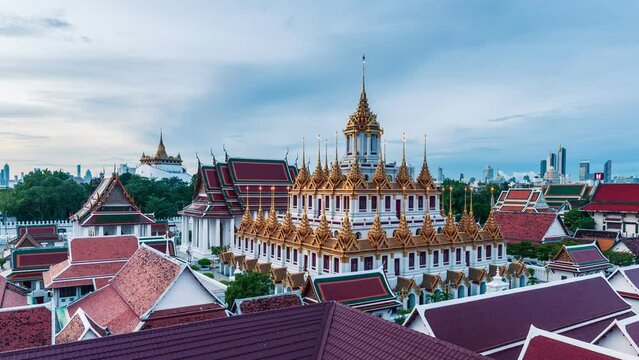 Golden metal castle illuminated, Wat Ratchanatdaram Woravihara, Loha Prasat temple in the morning at Bangkok
