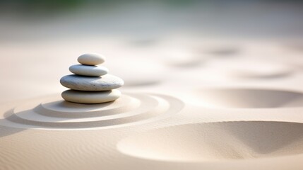 A stack of rocks sitting on top of a sandy beach. Zen pyramid, stack of pebbles on sand with wind patterns, calm neutral background.
