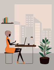 Woman in front of laptop. Woman work at the office. Woman working at desk. Vector illustration