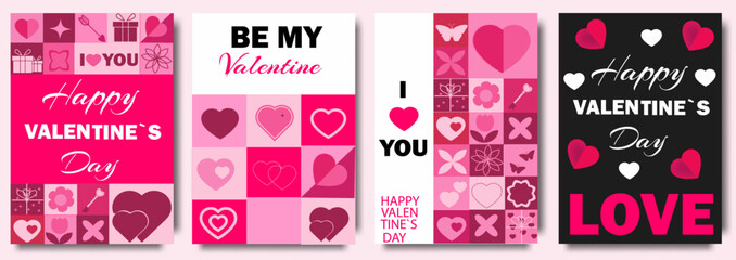 Set of Bauhaus Valentine's day geometric abstract posters. Vector mosaic backgrounds with hearts, flowers and simple forms for prints, wrapping, social media. Template greeting cards, banners, sale