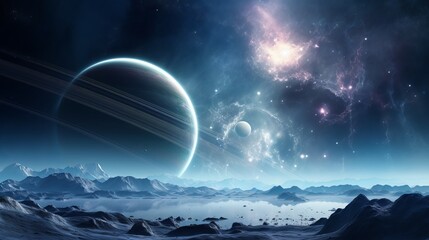 Illustration of mountain with planets on background