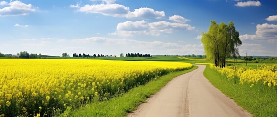 A dirt road in the middle of green fields - Powered by Adobe
