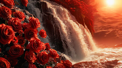 Illustrated Waterfall Adorned with Red Roses, a Work of Art for Valentine's Day