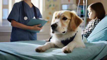 Patient rehabilitation dog spends time with sick children in hospital. Children hug him. Hospital concept