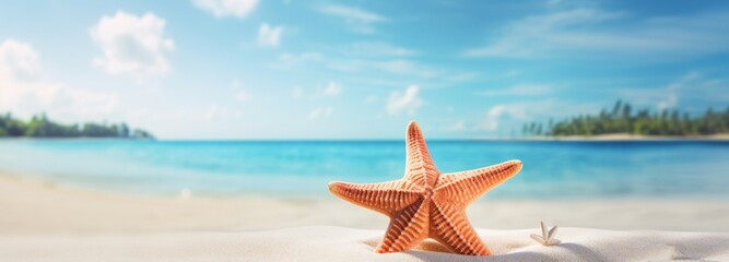 Fototapeta na wymiar Tropical beach with sea-star in sand, copyspace for text. Concept of summer relaxation