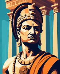 Modern Abstract Portrait of Ashoka in Flat Pop Art Style with Historical Pillars Gen AI
