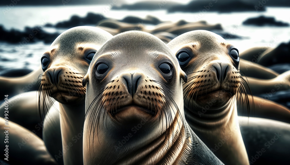 Wall mural ai-generated illustration of several california sea lions basking in the sun on a sandy beach