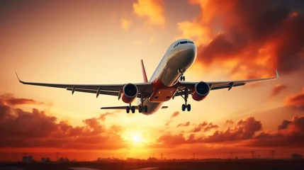 Fotobehang passenger plane flying in the air sunset ai visual concept © Ali