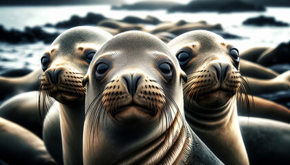 AI-generated illustration of several California sea lions basking in the sun on a sandy beach - obrazy, fototapety, plakaty