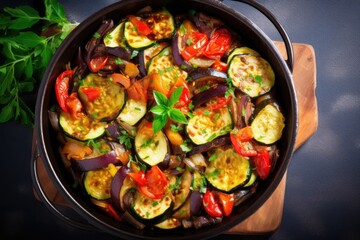 Baked Ratatouille in black casserole. French vegetarian food
