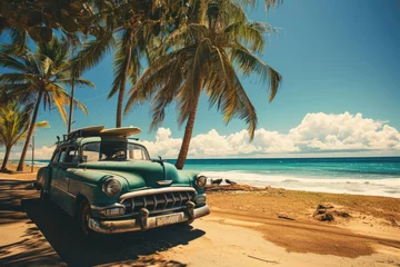  An old car parked on a tropical beach with a canoe on the roof. © Lubos Chlubny