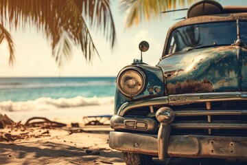 An old car parked on a tropical beach with a canoe on the roof.